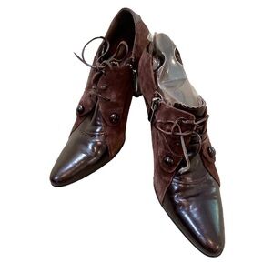 Beston Leon zipper & tie up brown leather & suede Oxford wedge shoes size 7